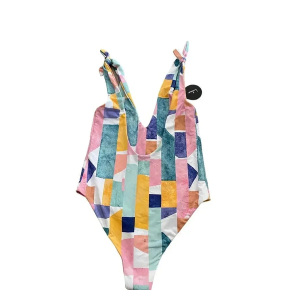 NWT Lulus Make Waves Aqua Multi Print Tie-Strap One-Piece Swimsuit Size Small - Picture 3 of 8